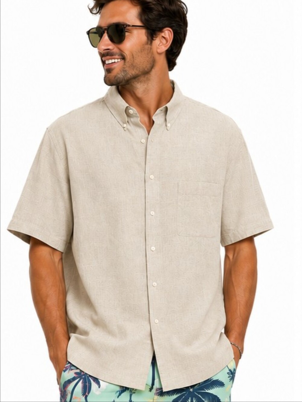 Turnbury Men's 100% Linen Short-Sleeve Button-Down Shirt in Beige XL
